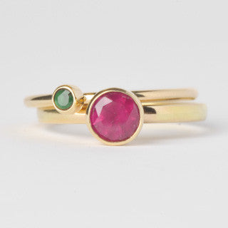 Ruby and emerald stacking gold rings