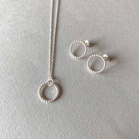 Silver Ball Circle Stud & Pendant Set